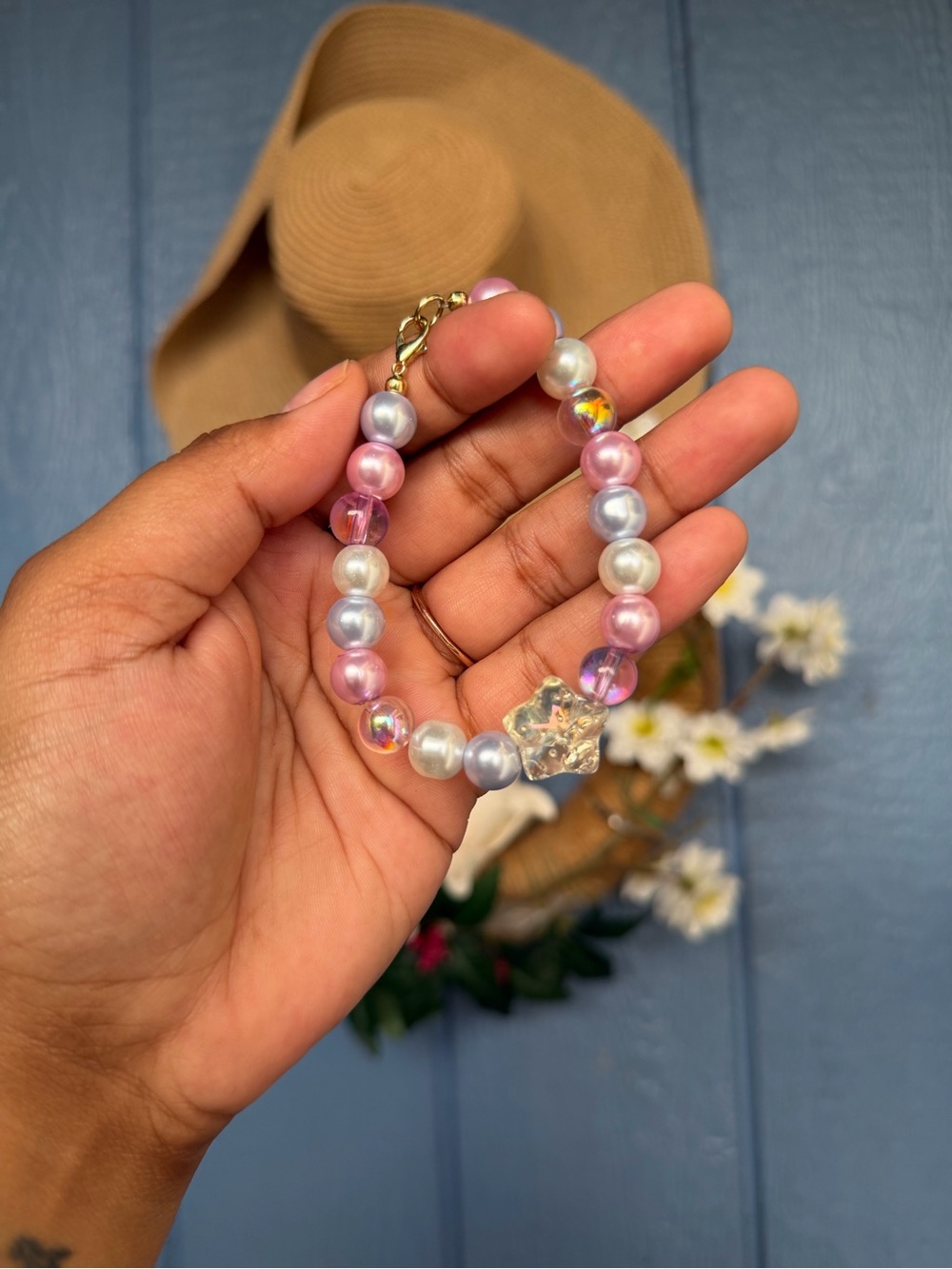 Handmade Pink Multi-tone Glass Beaded Bracelet with Glass Puffy Starfish